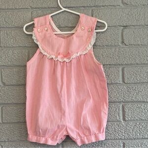 Vintage 18 month Carters pink baby toddler girl romper lace bow seersucker